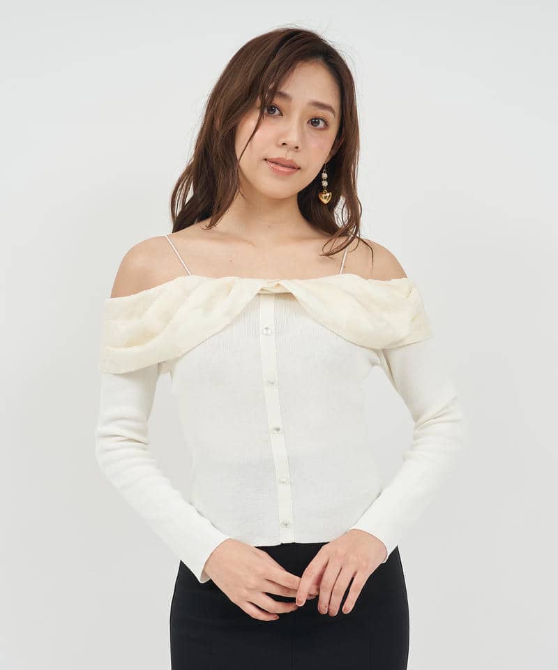 ジャガードフラワードッキングオフショルニットトップス 詳細画像 オフホワイト 4