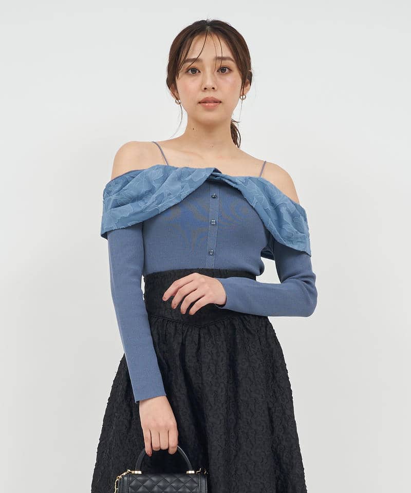 ジャガードフラワードッキングオフショルニットトップス 詳細画像 ブルー 1