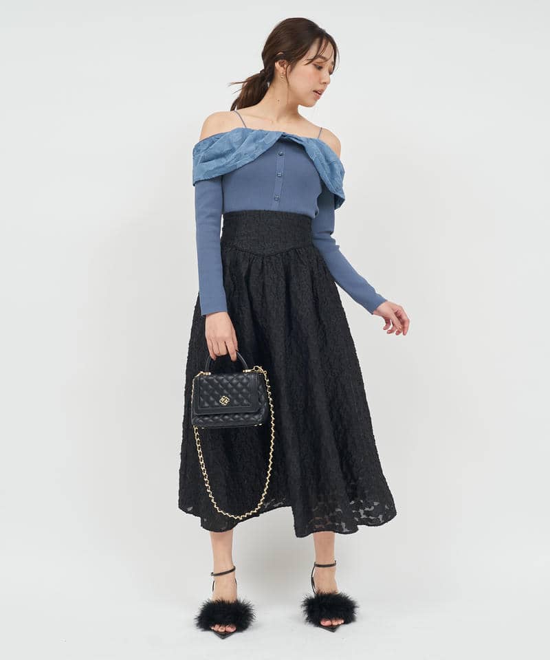 ジャガードフラワードッキングオフショルニットトップス 詳細画像 ブルー 2