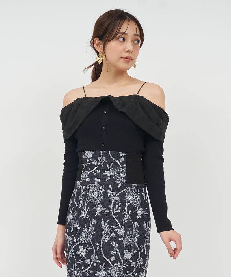 ジャガードフラワードッキングオフショルニットトップス 詳細画像 ブラック 1
