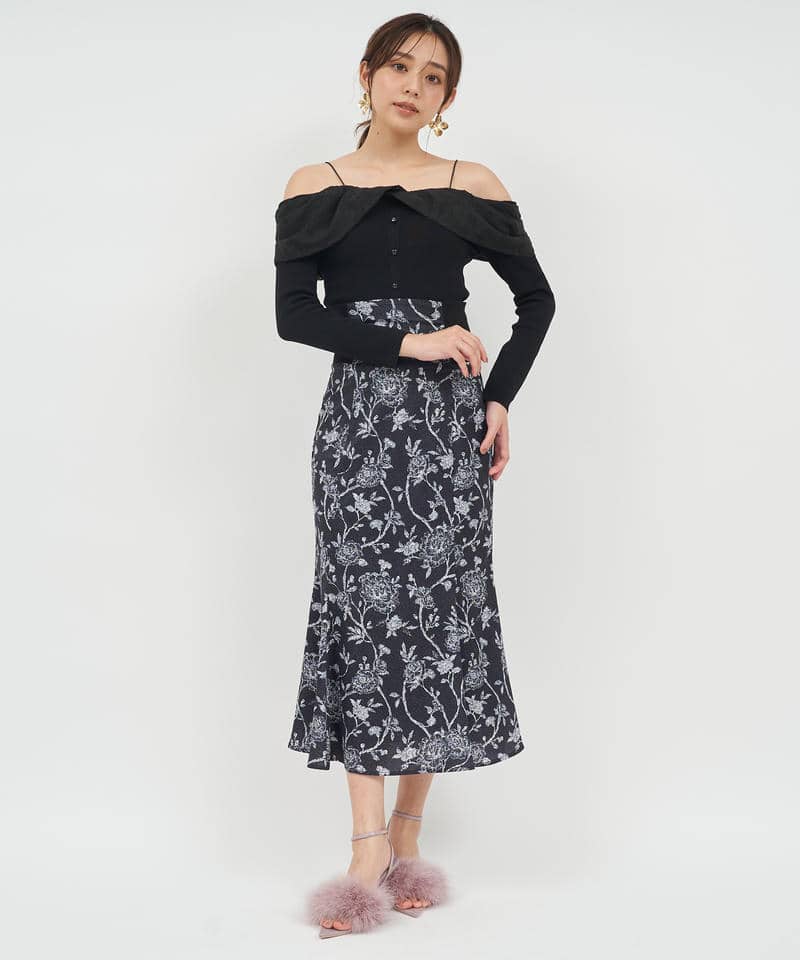 ジャガードフラワードッキングオフショルニットトップス 詳細画像 ブラック 2