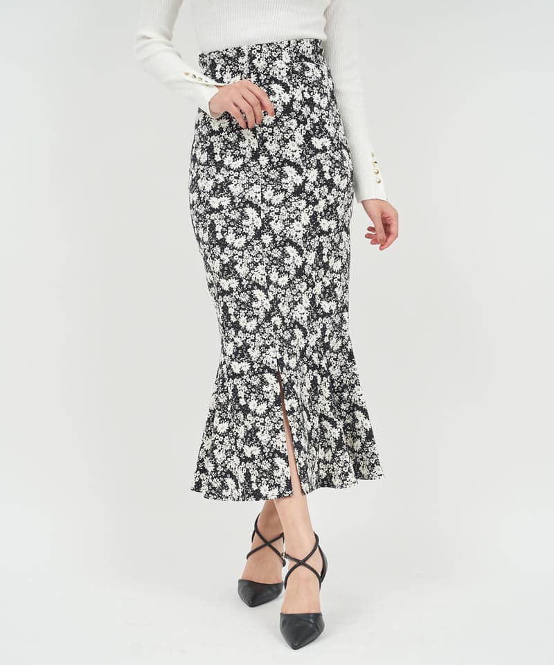 柄ストレッチマーメイドスカート 詳細画像 ブラック 1