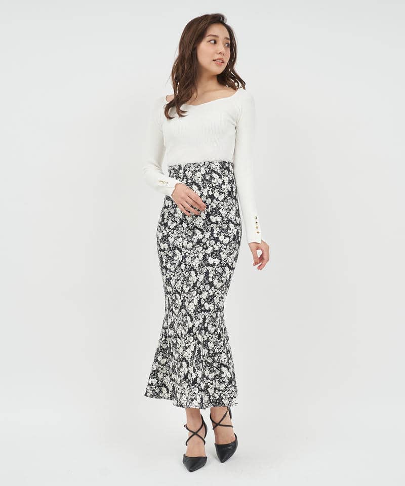 柄ストレッチマーメイドスカート 詳細画像 ブラック 2