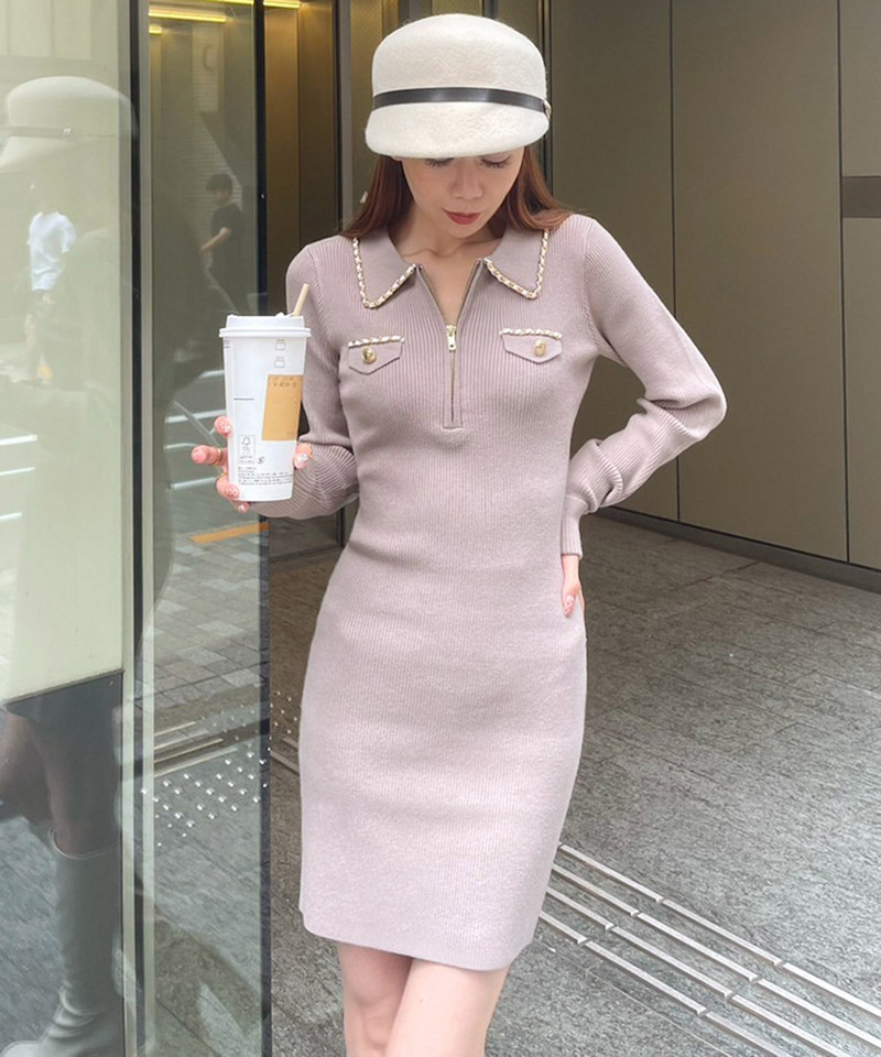 チェーントリミングダブルZIPタイトミニワンピース 詳細画像 モカ 1