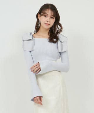 肩リボンミニシャギーニットトップス