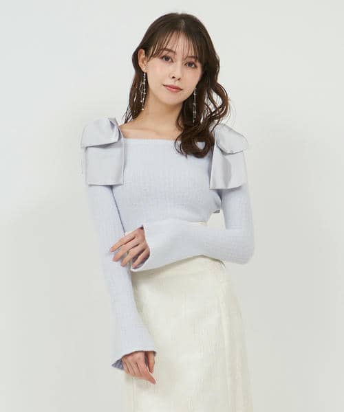 肩リボンミニシャギーニットトップス 詳細画像