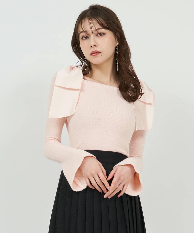 肩リボンミニシャギーニットトップス 詳細画像 ピンク 1