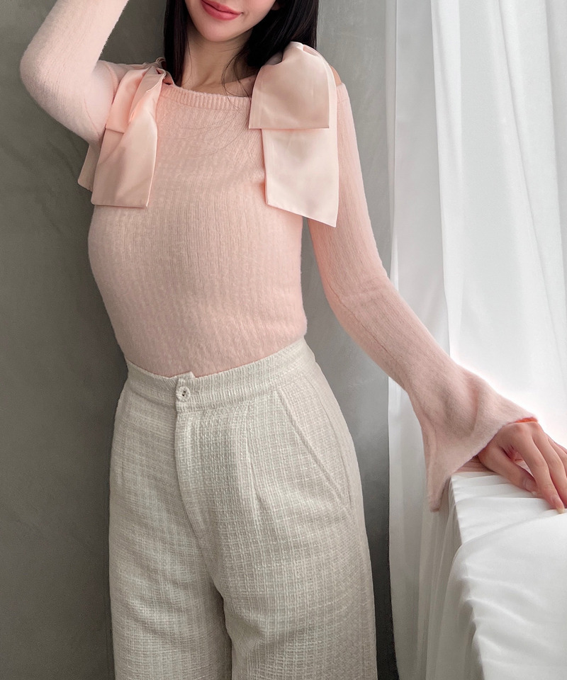 肩リボンミニシャギーニットトップス 詳細画像 ピンク 4