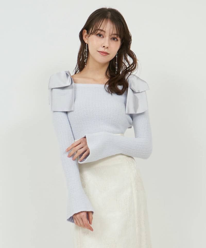 肩リボンミニシャギーニットトップス 詳細画像 ブルー 1