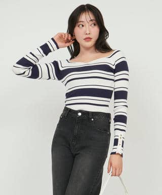 ウォッシャブルオープンネック長袖ニットトップス
