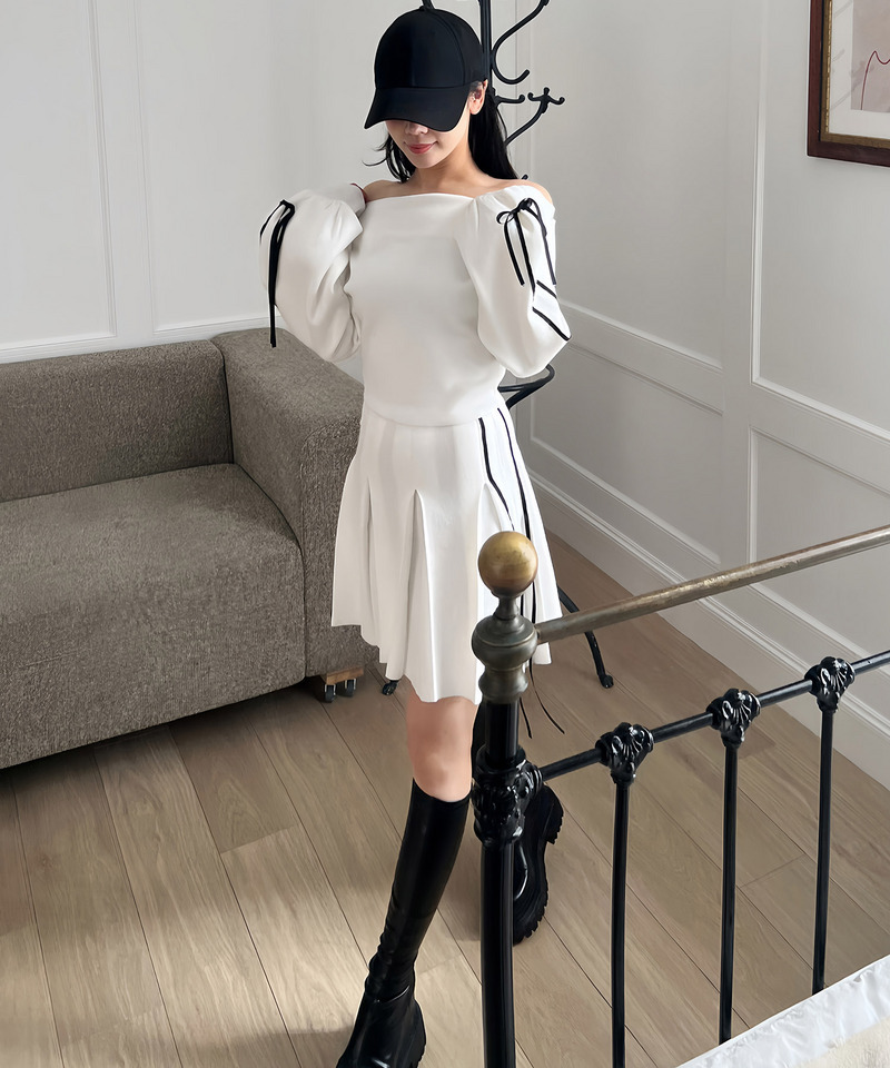 配色リボンプリーツニットミニスカート 詳細画像 オフホワイト 4