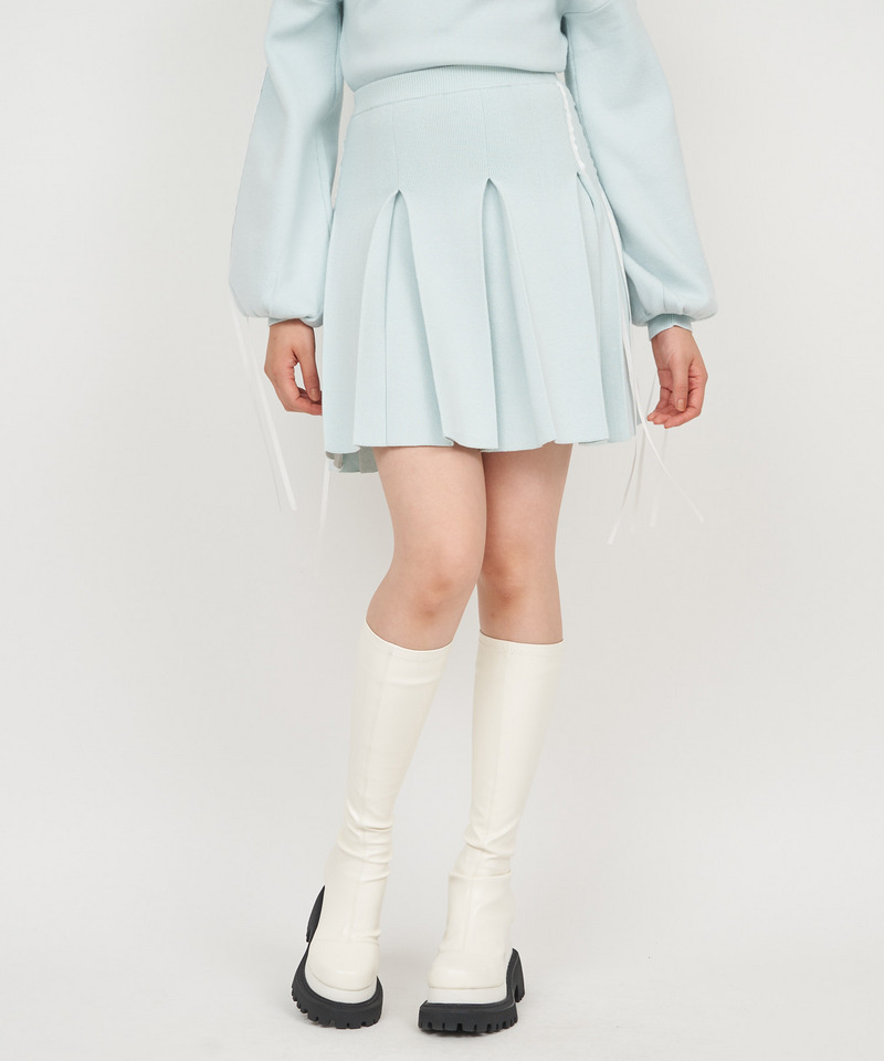 配色リボンプリーツニットミニスカート 詳細画像 ブルー 1