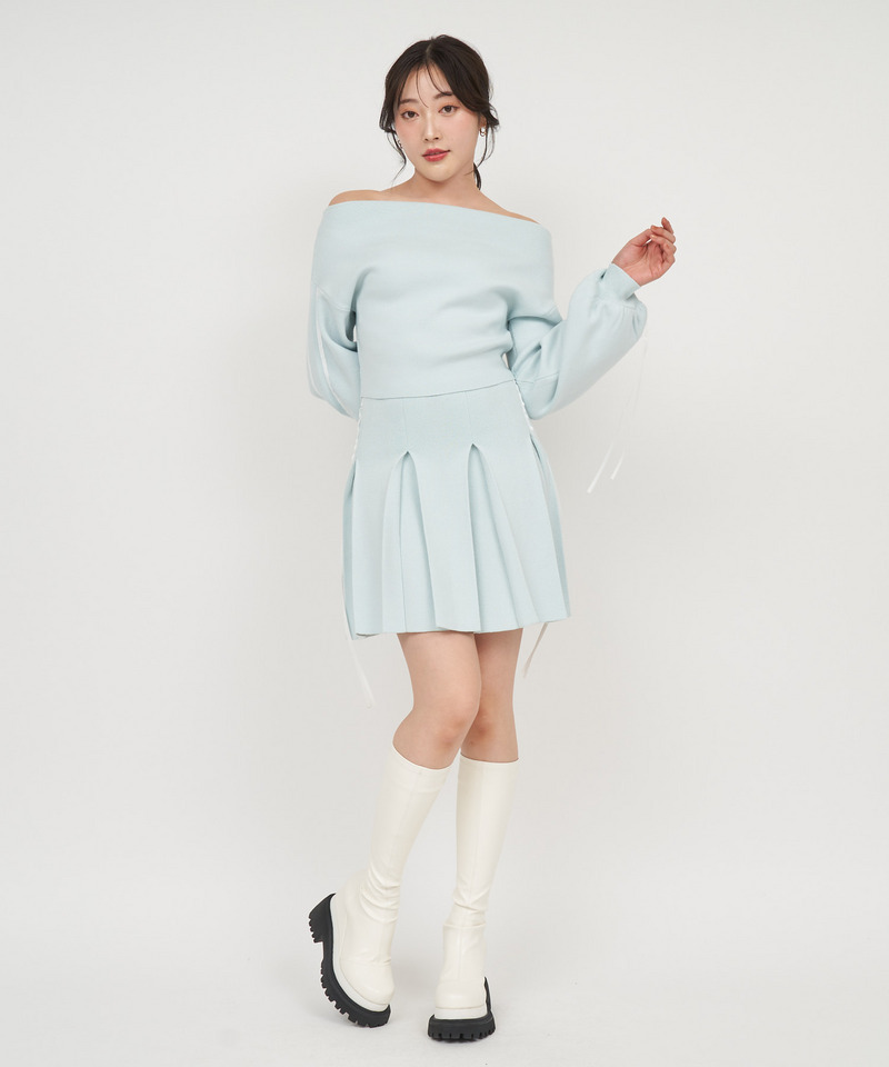 配色リボンプリーツニットミニスカート 詳細画像 ブルー 2