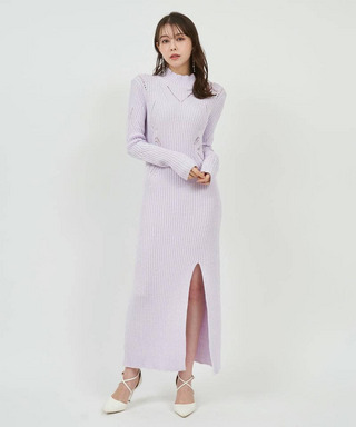 透かし編みモックネックロングニットドレス