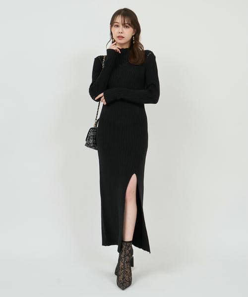 透かし編みモックネックロングニットドレス