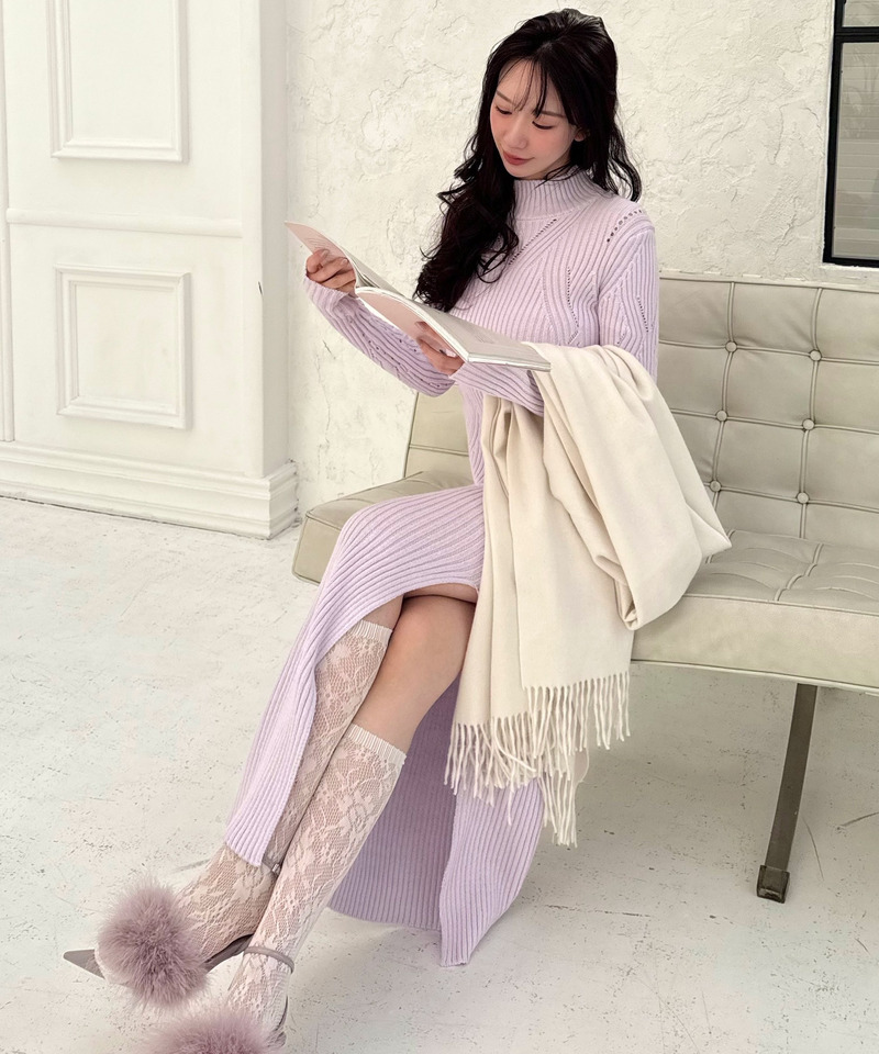 透かし編みモックネックロングニットドレス 詳細画像 パープル 2