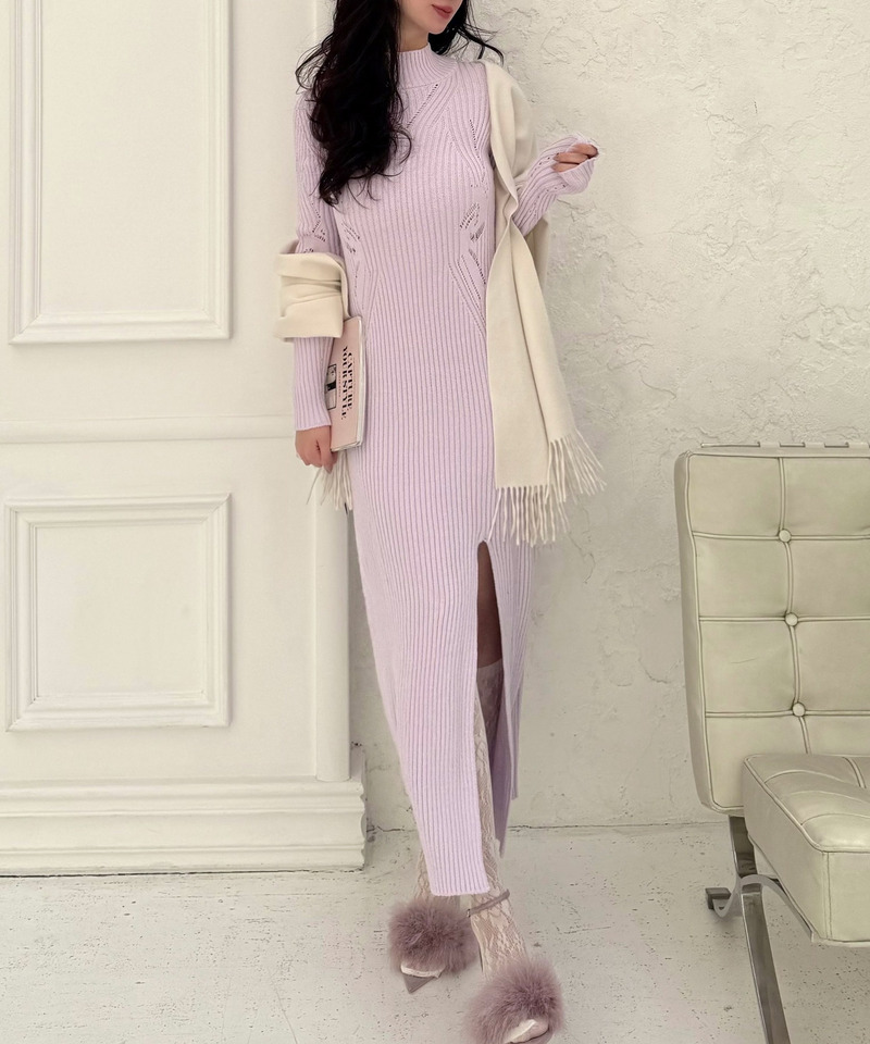 透かし編みモックネックロングニットドレス 詳細画像 パープル 3
