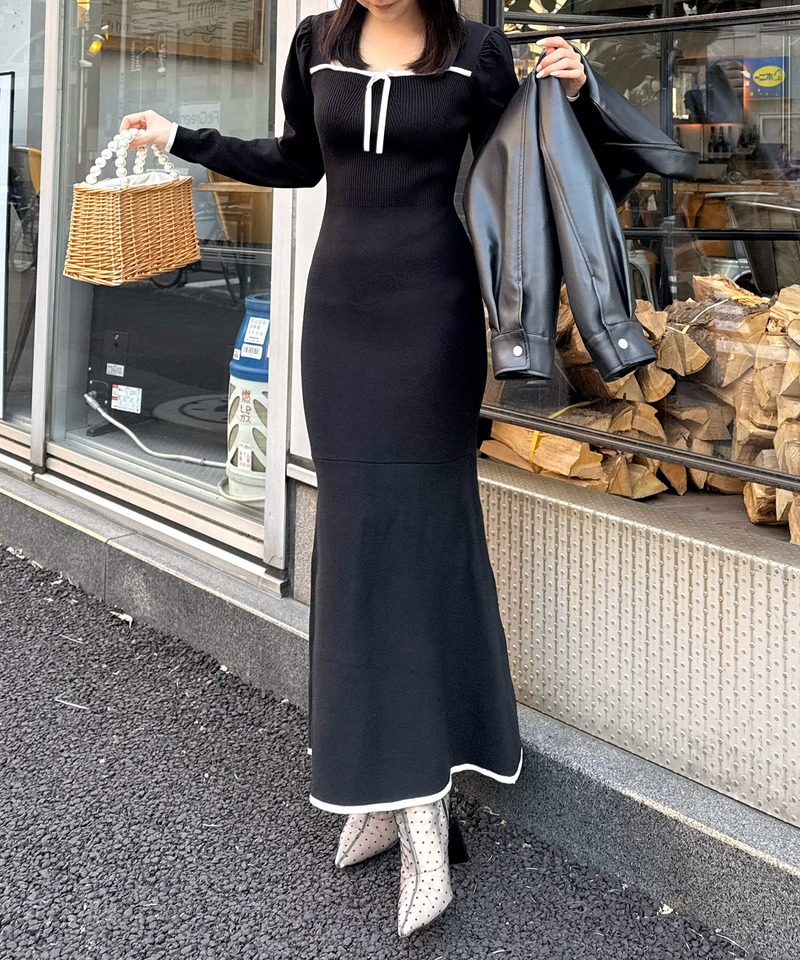 配色リボンニットマーメイドワンピース 詳細画像 ブラック 7