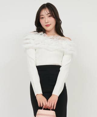チュールフリルオフショルニットトップス