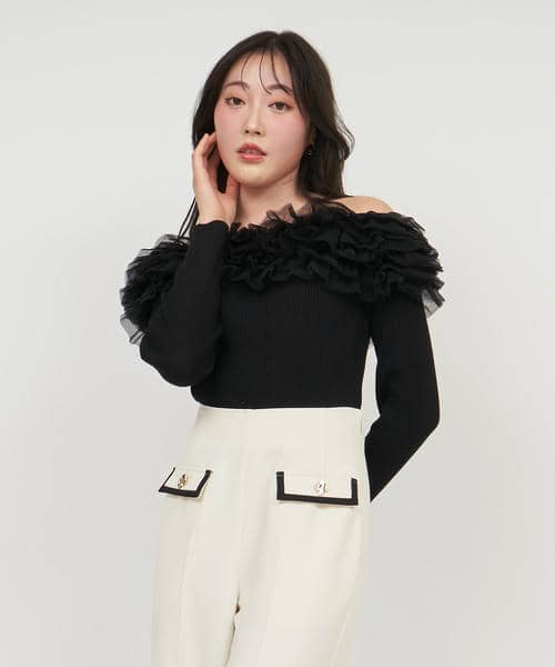 チュールフリルオフショルニットトップス 詳細画像