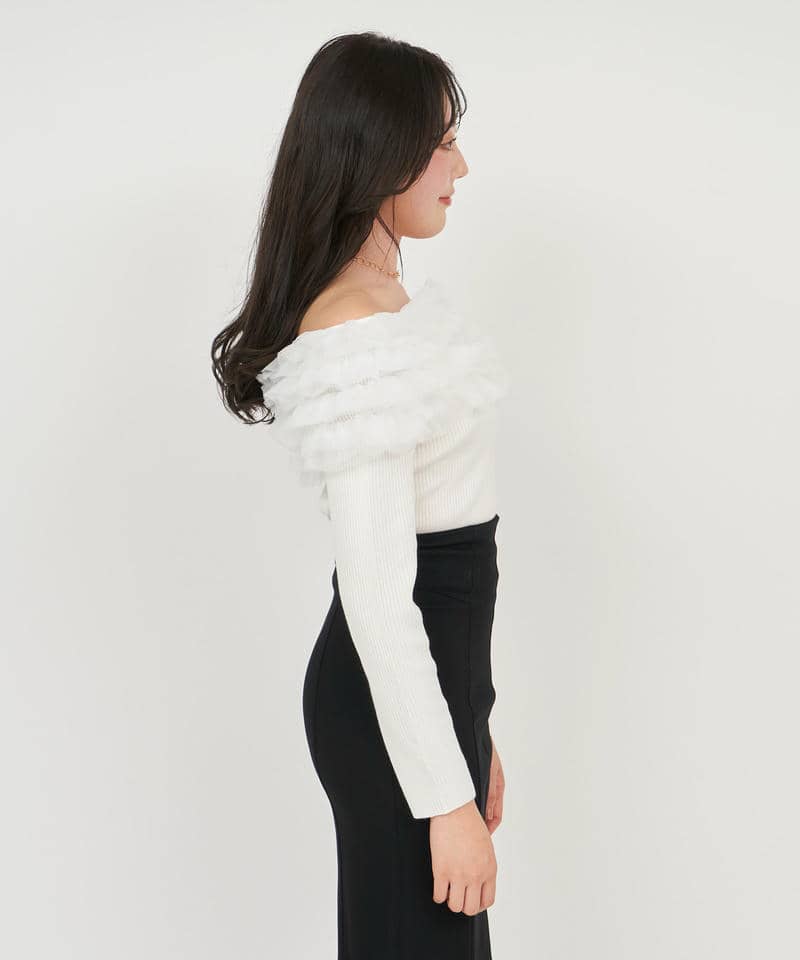 チュールフリルオフショルニットトップス 詳細画像 オフホワイト 2