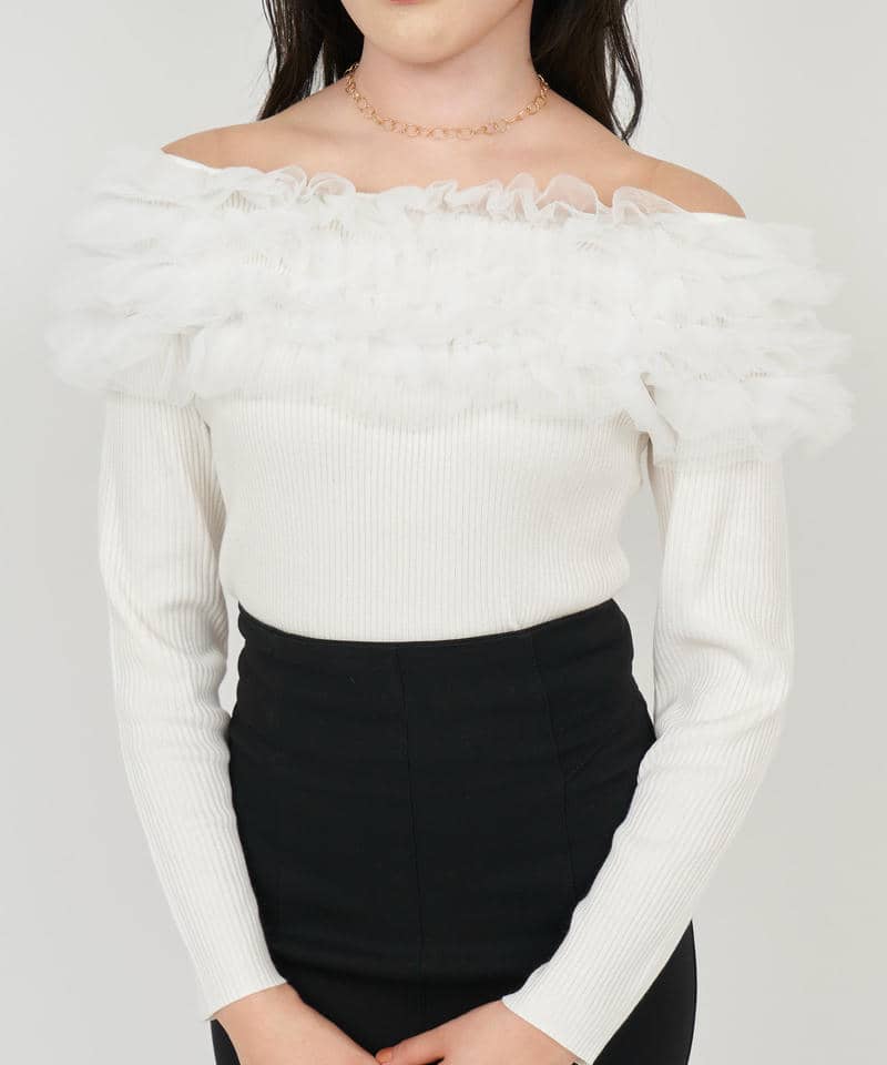 チュールフリルオフショルニットトップス 詳細画像 オフホワイト 4