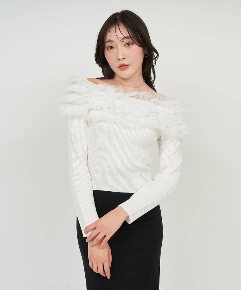 チュールフリルオフショルニットトップス 詳細画像 オフホワイト 7