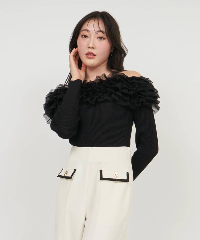 チュールフリルオフショルニットトップス 詳細画像 ブラック 1