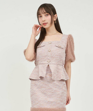 異素材スリーブカットツイードペプラムトップス