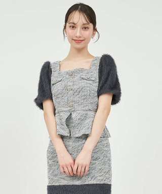 異素材スリーブカットツイードペプラムトップス