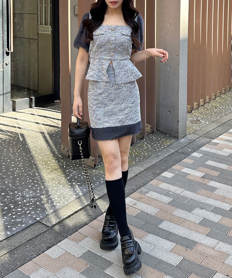 異素材スリーブカットツイードペプラムトップス 詳細画像 グレー 4