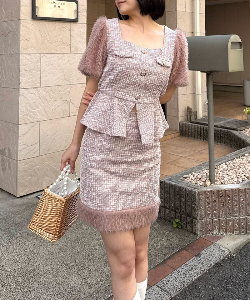 異素材ヘムカットツイードタイトミニスカート 詳細画像 ピンク 3
