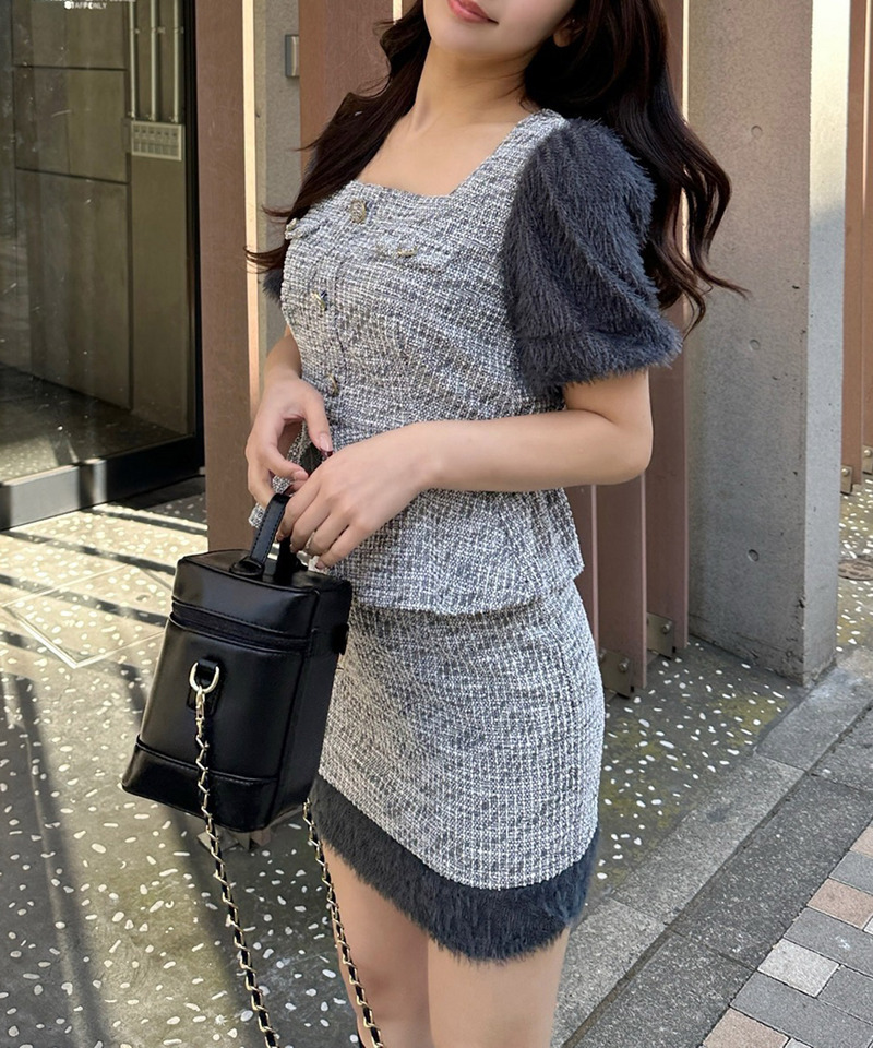 異素材ヘムカットツイードタイトミニスカート 詳細画像 グレー 3