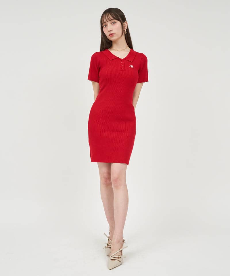 ポロ衿ロゴ刺しゅうニットミニワンピース 詳細画像 レッド 1