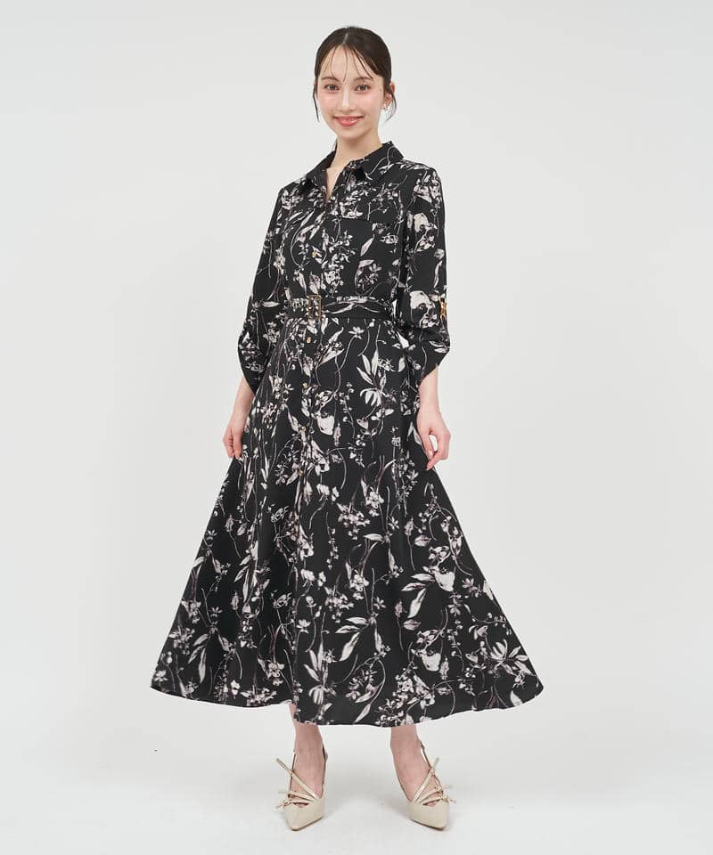 シャドーボタニカルプリントシャツワンピース 詳細画像 ブラック 1
