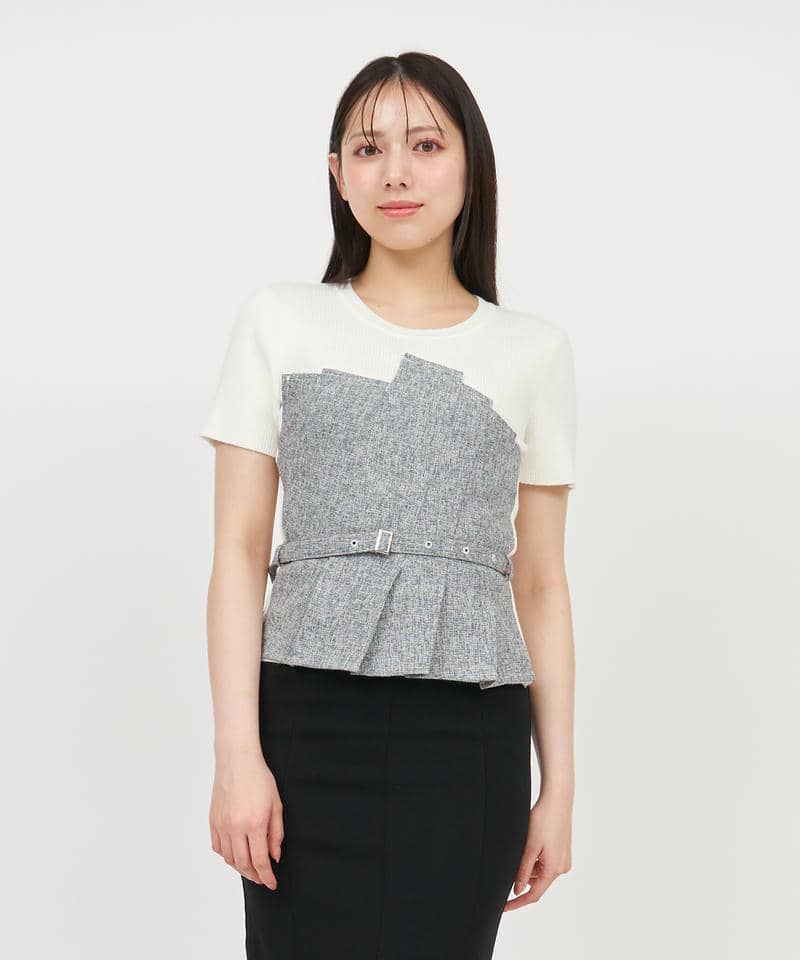 サマーツイードタックビスチェレイヤード風ニットトップス 詳細画像 ブルー 1