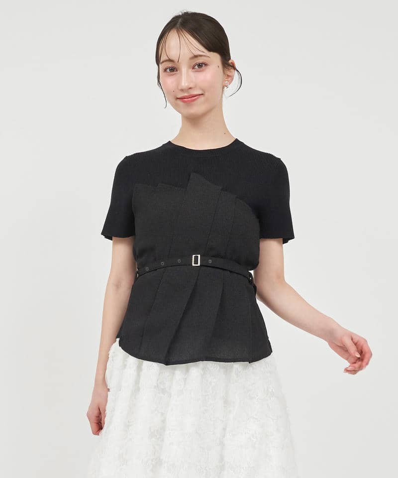 サマーツイードタックビスチェレイヤード風ニットトップス 詳細画像 ブラック 1