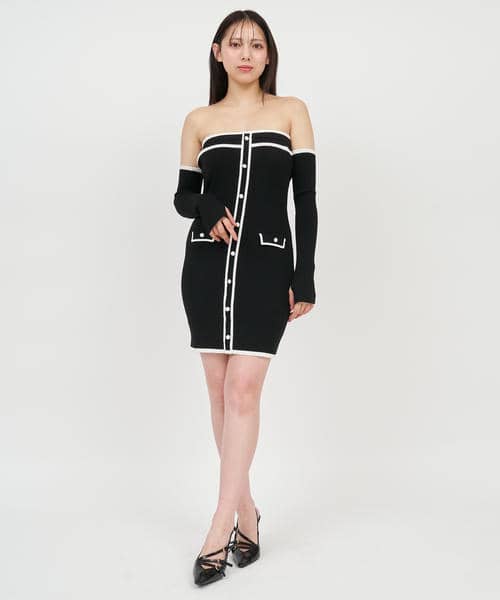 アームウォーマー付配色ベアタイトミニワンピース 詳細画像