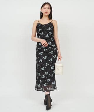 花柄チュールギャザーキャミドレス