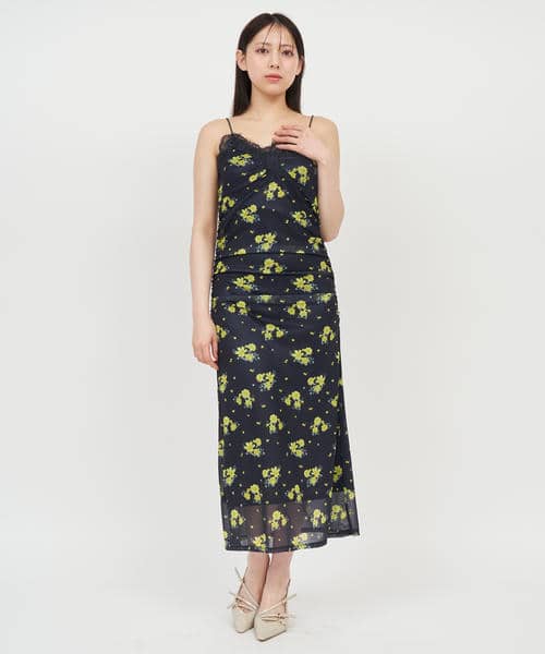 花柄チュールギャザーキャミドレス 詳細画像