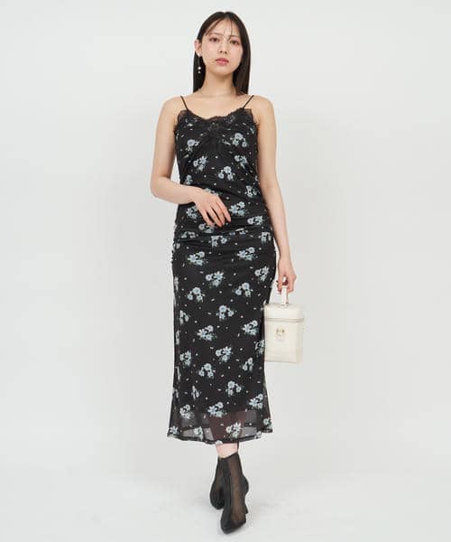 花柄チュールギャザーキャミドレス 詳細画像