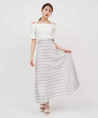 オフショルニットドッキングシアーチェックフレアワンピース