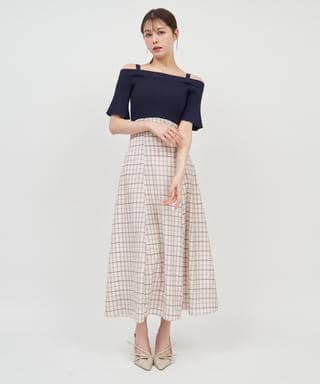 オフショルニットドッキングシアーチェックフレアワンピース