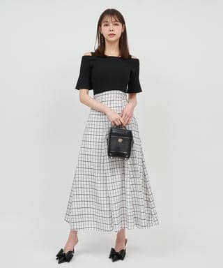 オフショルニットドッキングシアーチェックフレアワンピース