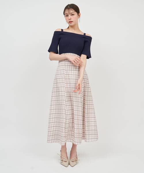 オフショルニットドッキングシアーチェックフレアワンピース 詳細画像