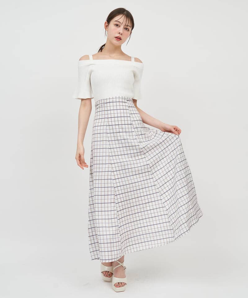 オフショルニットドッキングシアーチェックフレアワンピース 詳細画像 オフホワイト 1