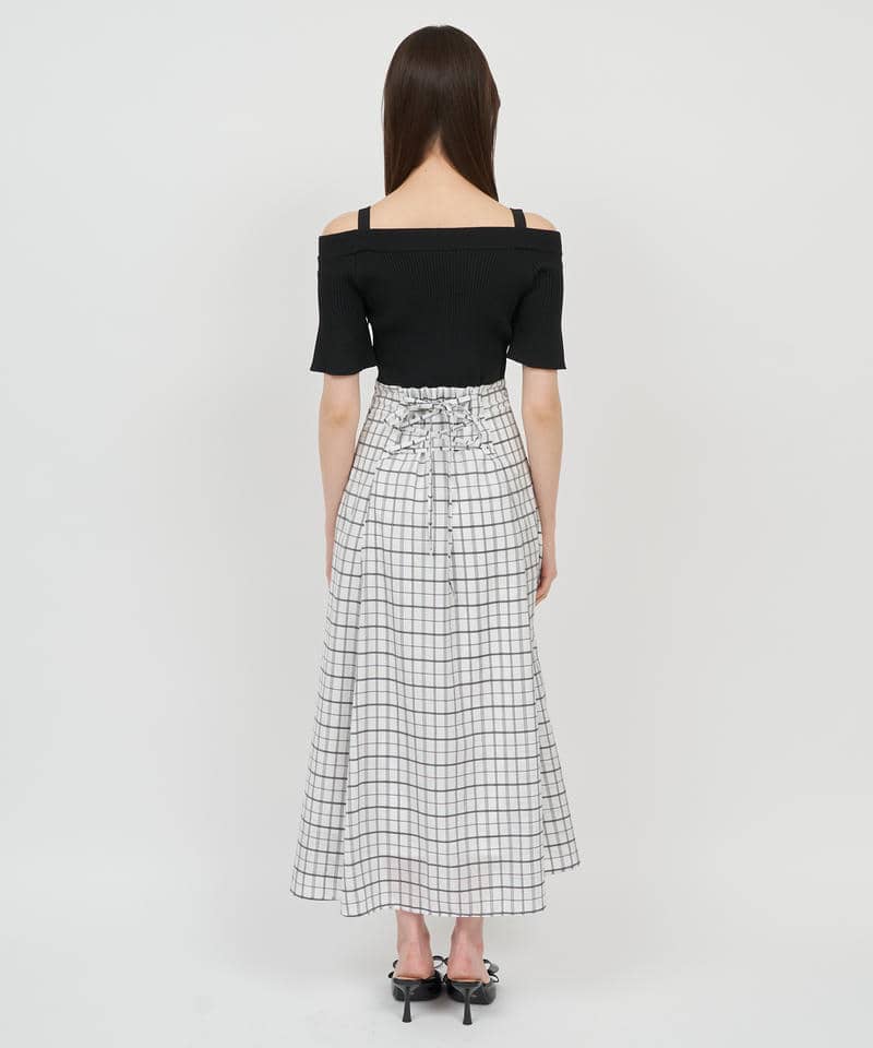 オフショルニットドッキングシアーチェックフレアワンピース 詳細画像 ブラック 3