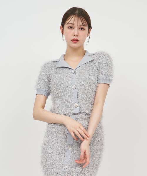 ジュエルボタン付MIXヤーンニットトップス 詳細画像