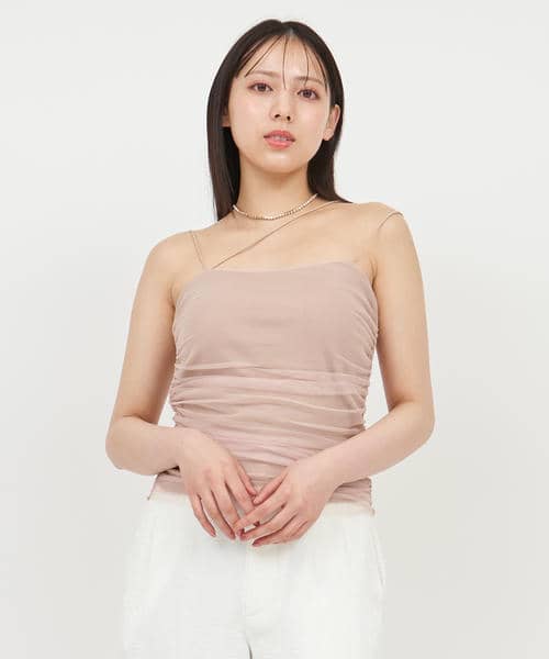 パット付ギャザーチュールレイヤードキャミソール 詳細画像