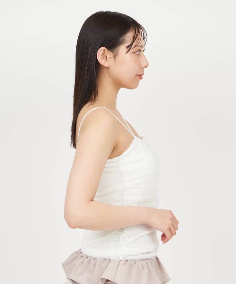 パット付ギャザーチュールレイヤードキャミソール 詳細画像 オフホワイト 2